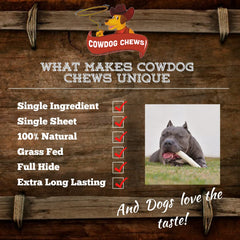 Cowdog Chews texture naturelle, rouleau en cuir brut pour mastication.