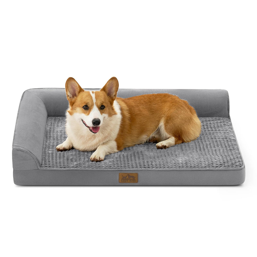 Lit orthopédique COZY KISS en forme L pour chien de grande taille, soutien et confort.