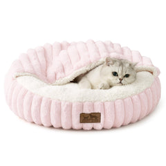 Cozy Kiss – nid capuche peluche chat rond, espace sûr et reposant.