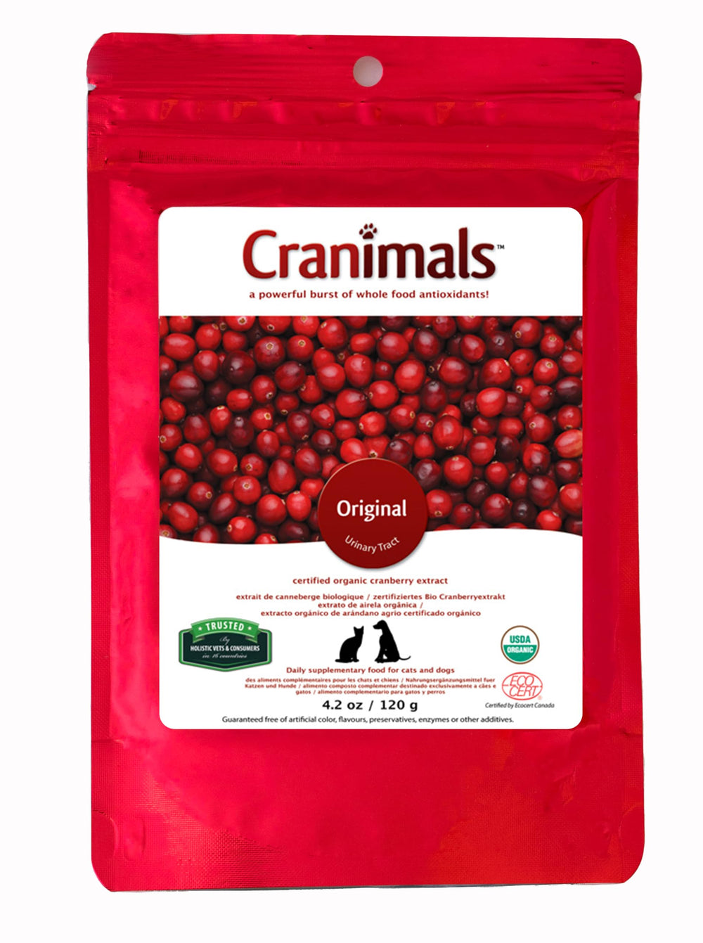 Cranimals: poudre de canneberge pour chiens et chats, soutien urinaire potentiel.
