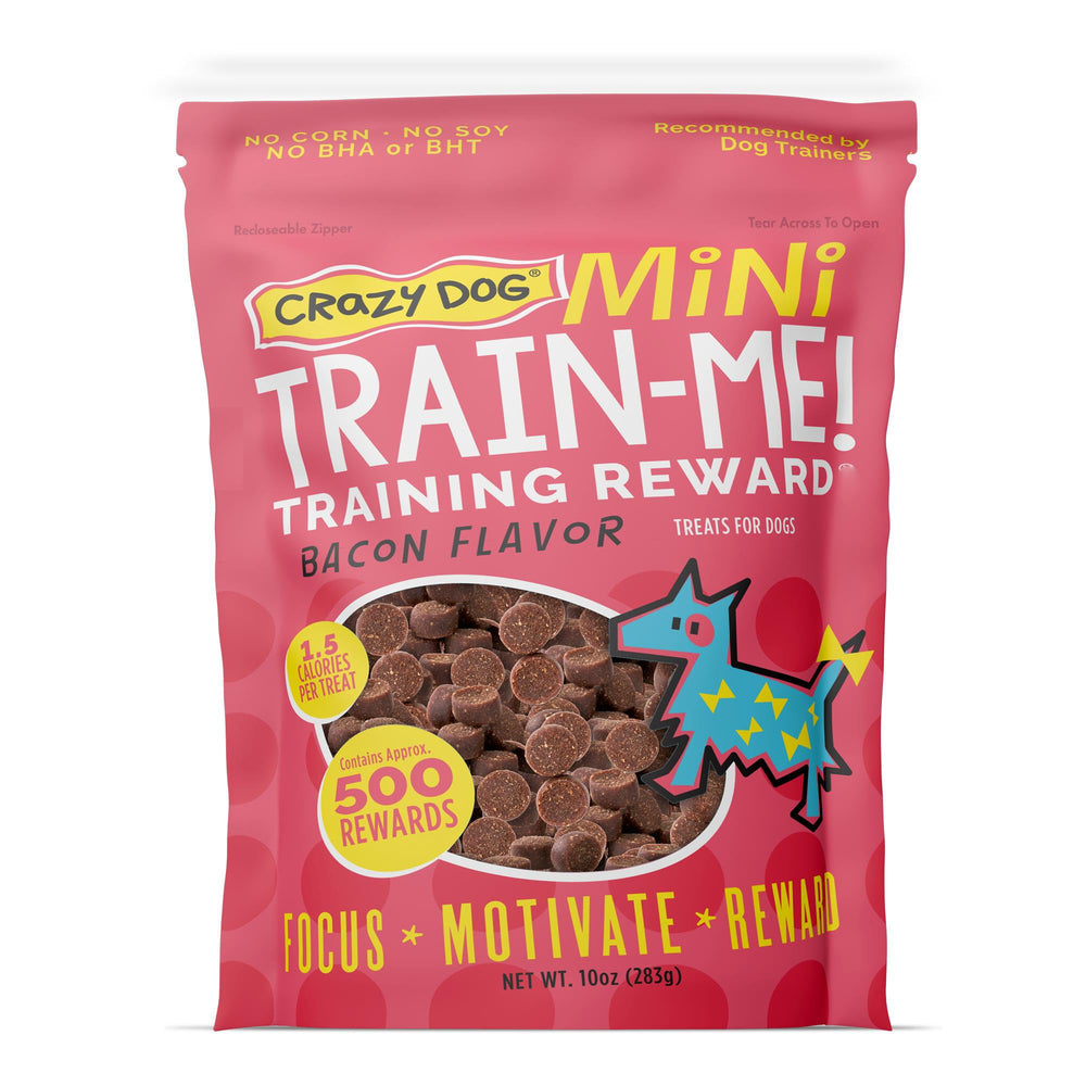 Crazy Dog Mini Train-Me! sachet 10oz saveur bacon : récompense idéale pour l'entraînement.