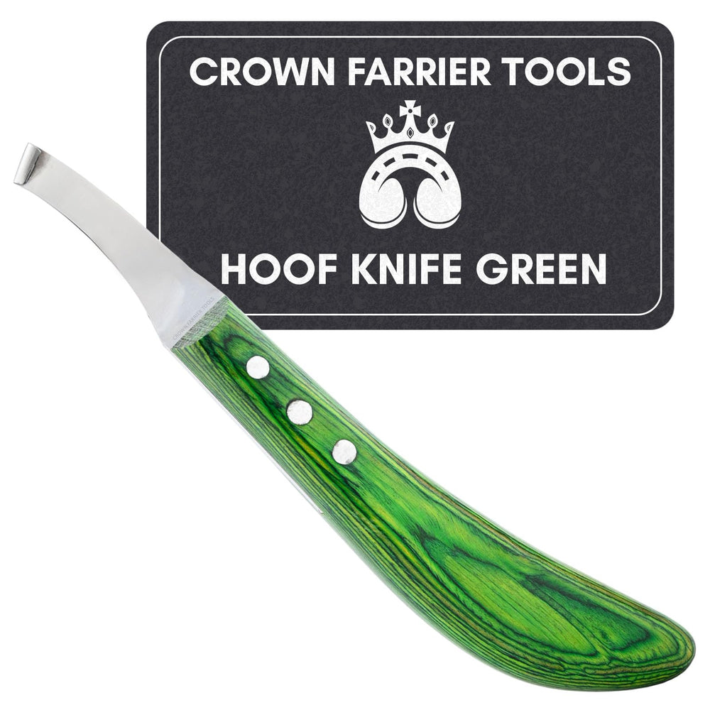 Crown Farrier Tools couteau sabot à poignée verte pour des coupes précises.