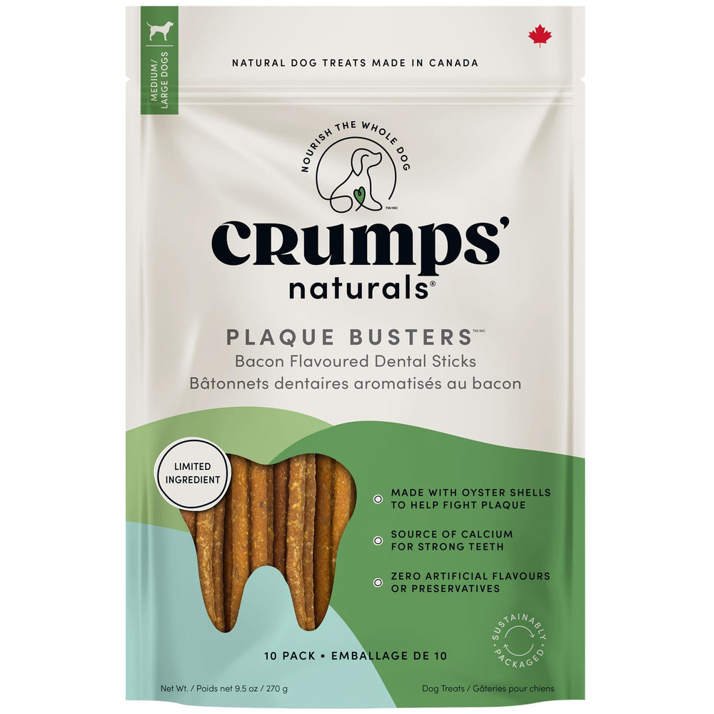 Crumps’ Naturals Bacon Dental, ensemble croquant pour chien, favorise l’hygiène bucco-dentaire.