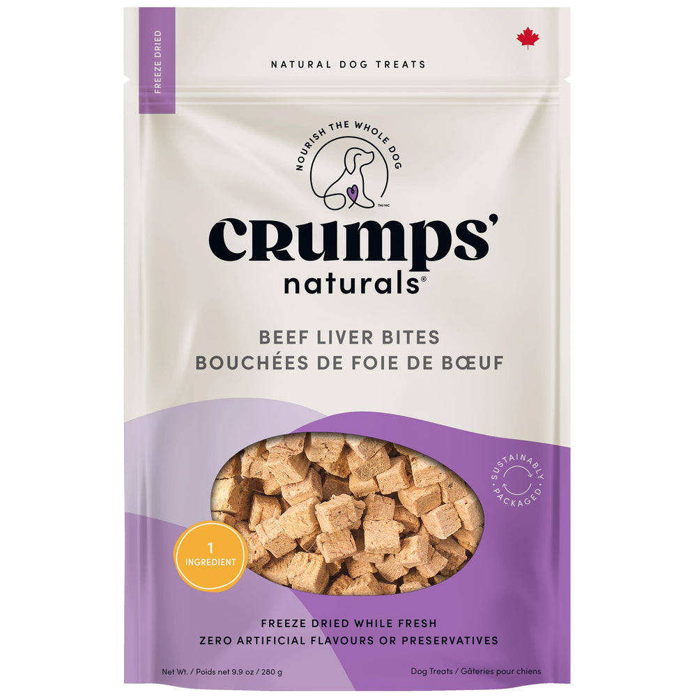 Crumps’ Naturals bouchées foie boeuf, friandise protéinée pour chiens gourmands.