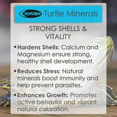 Crystalpro Turtle Minerals — étiquette claire, indique les minéraux essentiels pour tortues.