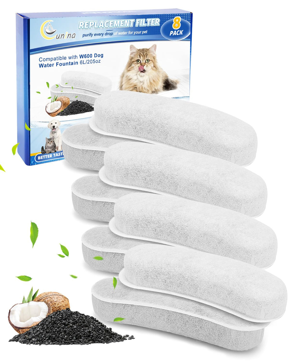 Filtre Cunina pour fontaine animale, pack de 8, eau plus fraîche.