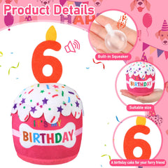 Dansydaisy peluche gâteau-chien rose, parfait pour anniversaires.