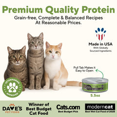 Dave's Pet Food – étiquette montrant poulet et canard, ingrédients naturels.