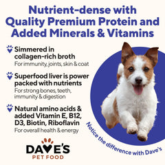 Chien dégustant la pâtée Dave's Pet Food, appetite réel et satisfaction.