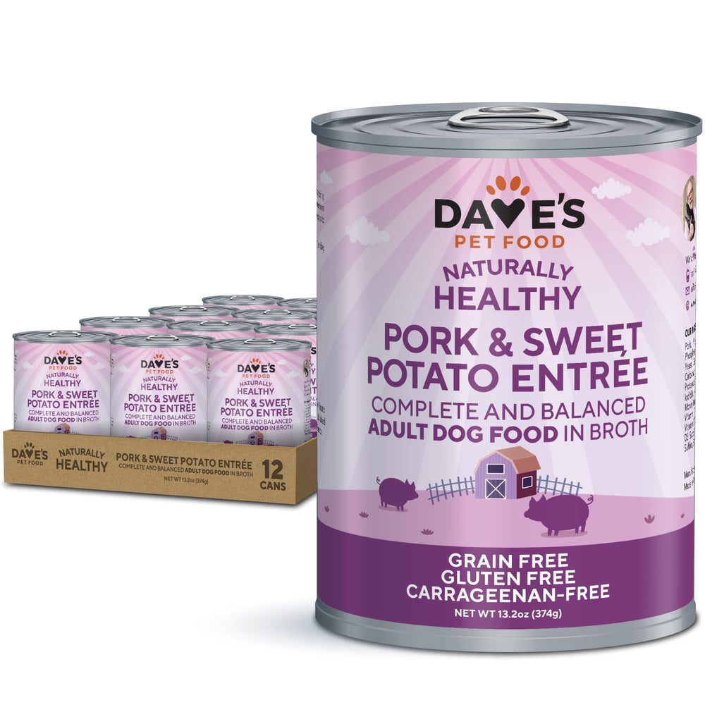 Dave's Pet Food conserve humide pour chien au porc et patate douce dans bouillon, repas appétissant