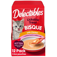 Delectables Bisque chaton thon-poulet, texture cremeuse pour hydratation quotidienne.