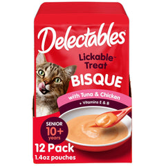 Delectables Bisque Senior—texture crèmeuse thon-poulet; parfait comme topper repas.