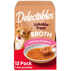 Bouillon savoureux Delectables au thon et saumon pour chats.