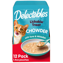 Chaudrée Delectables pour chat au thon et poisson blanc, texture alléchante.