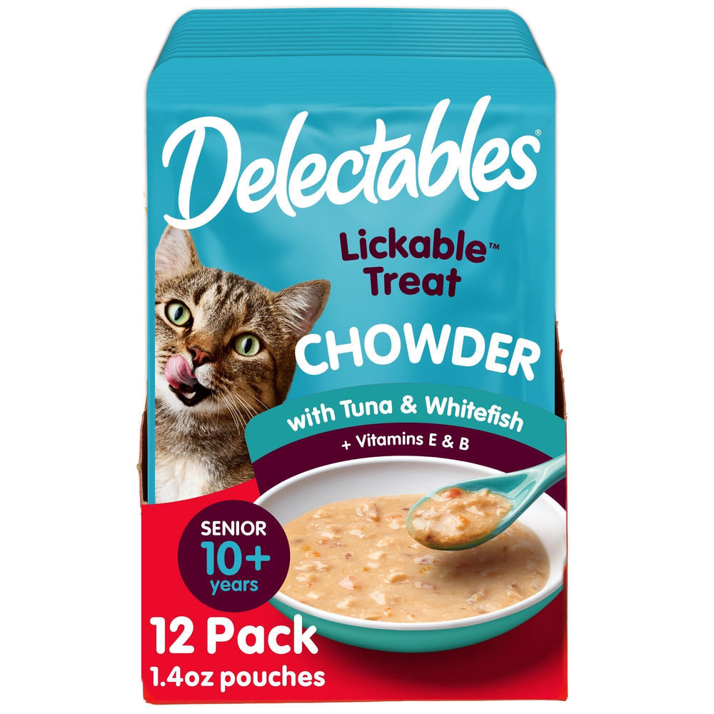 Delectables Chowder texture crèmeuse pour chat senior et hydratation quotidienne.