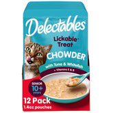 Delectables Chowder texture crèmeuse pour chat senior et hydratation quotidienne.