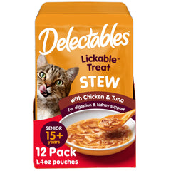 Delectables Lickable Stew Senior : morceaux poulet et thon en sachet appétissant.