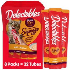 Delectables Squeeze Up purée poulet senior, texture onctueuse idéale pour l'hydratation.