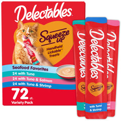 Delectables Squeeze Up – tubes crème-poisson pour moments de complicité avec votre chat.