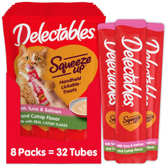 Delectables Squeeze Up, tube thon-saumon avec cataire, friandise interactive pour chat.