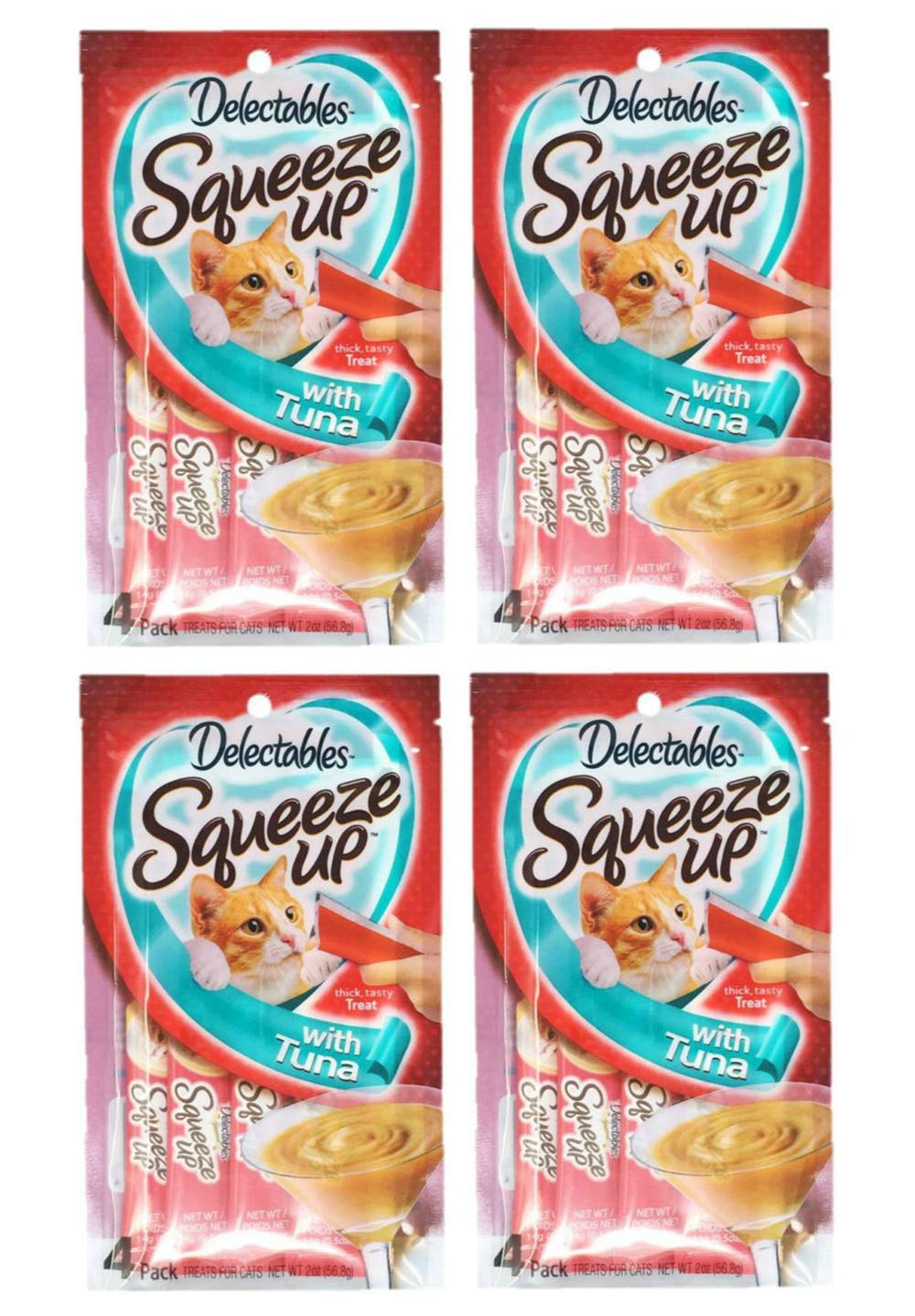 Delectables Squeeze Up: tubes au thon, gros plan et friandises interactives pour chats.