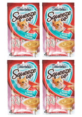 Delectables Squeeze Up: tubes au thon, gros plan et friandises interactives pour chats.