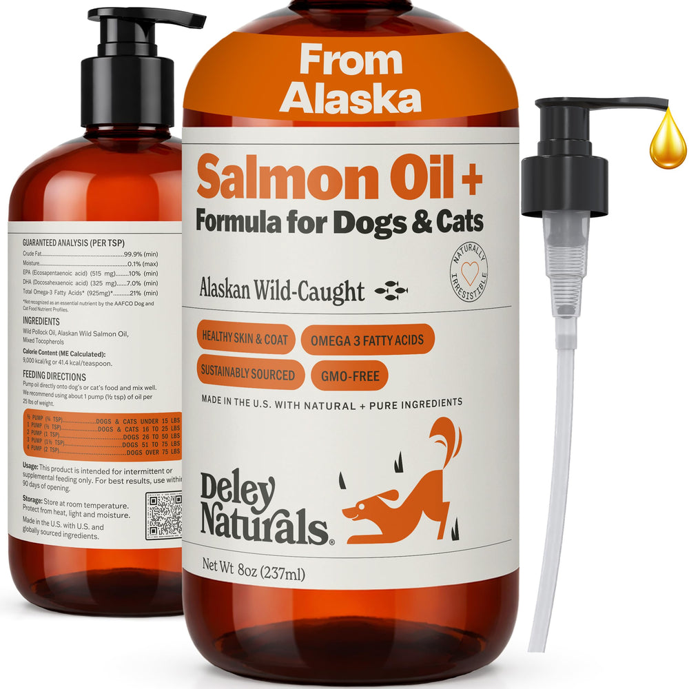 Deley Naturals huile saumon sauvage Alaska, bouteille, pour pelage brillant et peau saine.