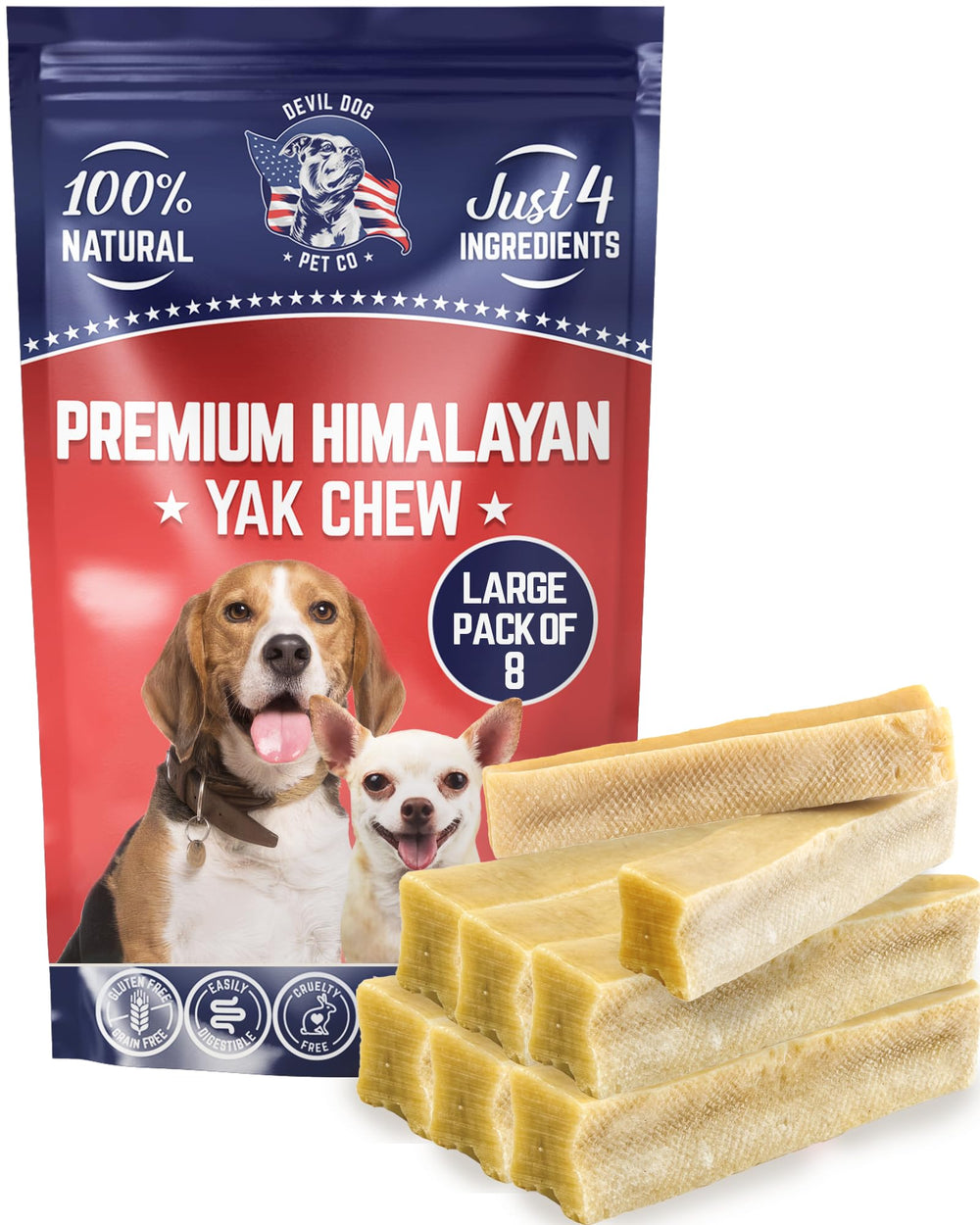 Devil Dog Pet Co – pack de 8 os fromage yak pour gros chiens, présentation prête à l’emploi