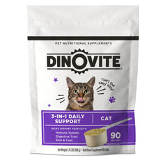 Dinovite pour chats – bouteille illustrant le soutien immunitaire et digestif.