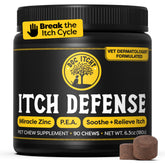 DocItchy Itch Defense: bouteille et étiquette, soutien potentiel de la peau du chien.