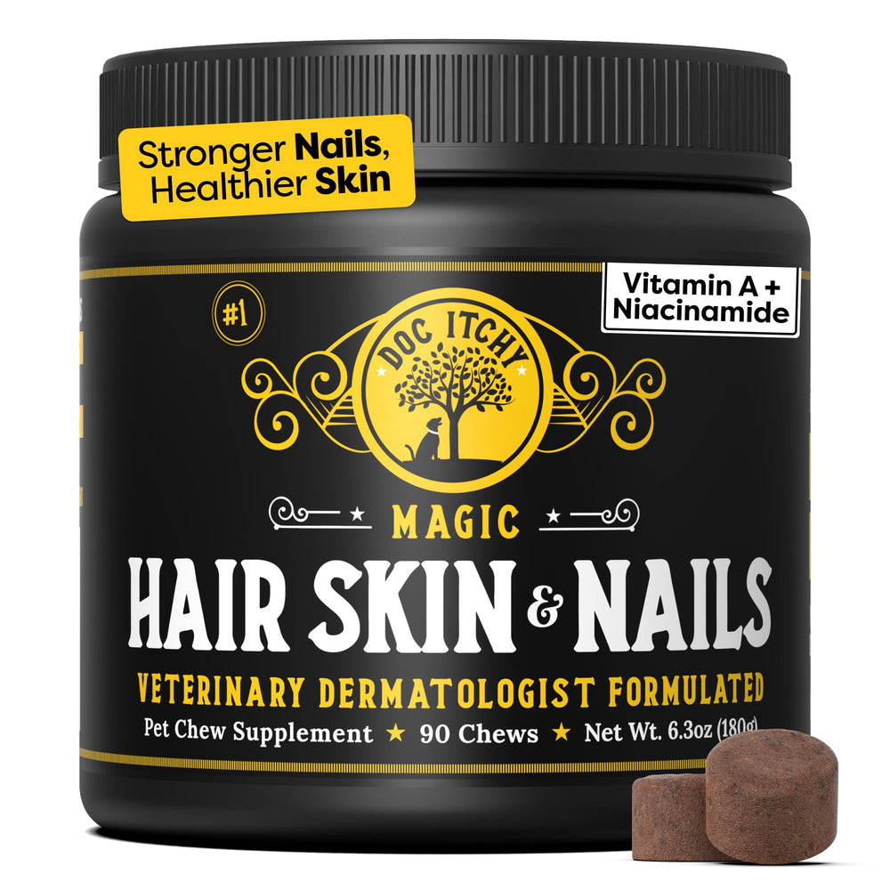 DocItchy friandises-chien dans bouteille pour peau saine et ongles forts.