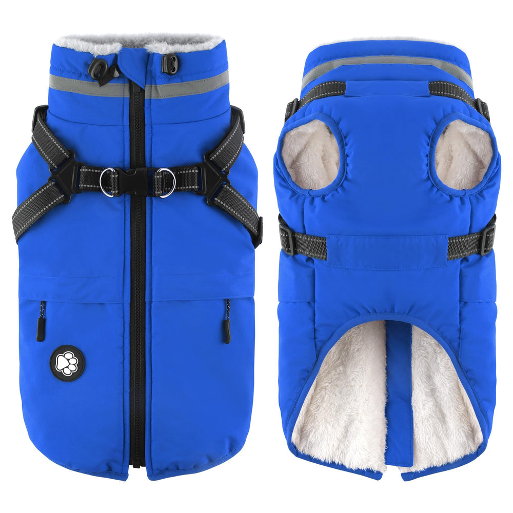 Dogcheer manteau impermeable avec harnais intégré bleu XL, prêt pour promenades hivernales.