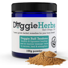 Doggie Herbs – bouteille poudre Teasel, Drynaria et Eucommia, présentation du packaging.