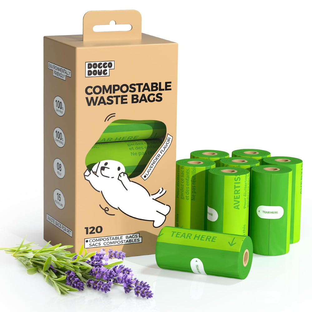 DOGGO DOUG sac compostable lavande; rouleaux faciles à transporter et respectueux de l’environnement.