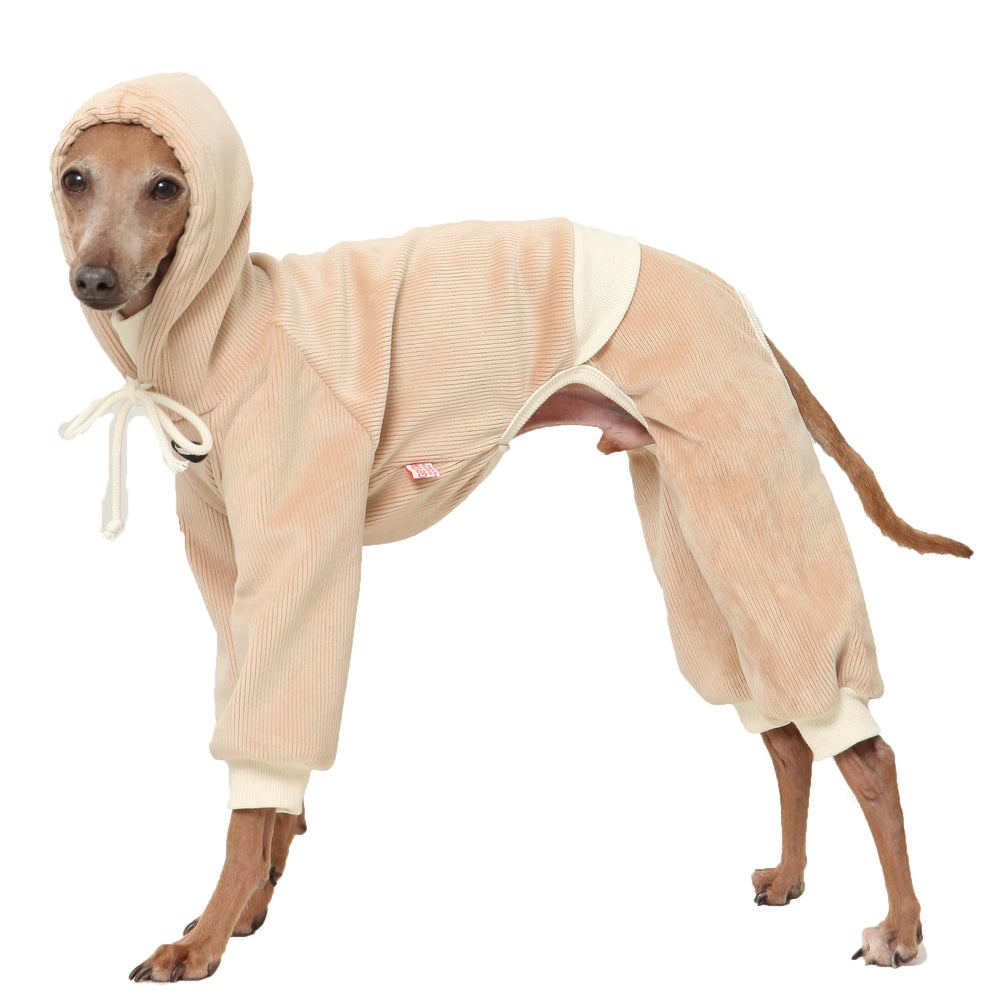 Doggystar combinaison pour chien à capuche en velours côtelé, chaleur et liberté de mouvement.