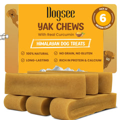 Dogsee Himalayan Yak Chews au curcuma — emballage visible, longue durée pour chiens actifs.