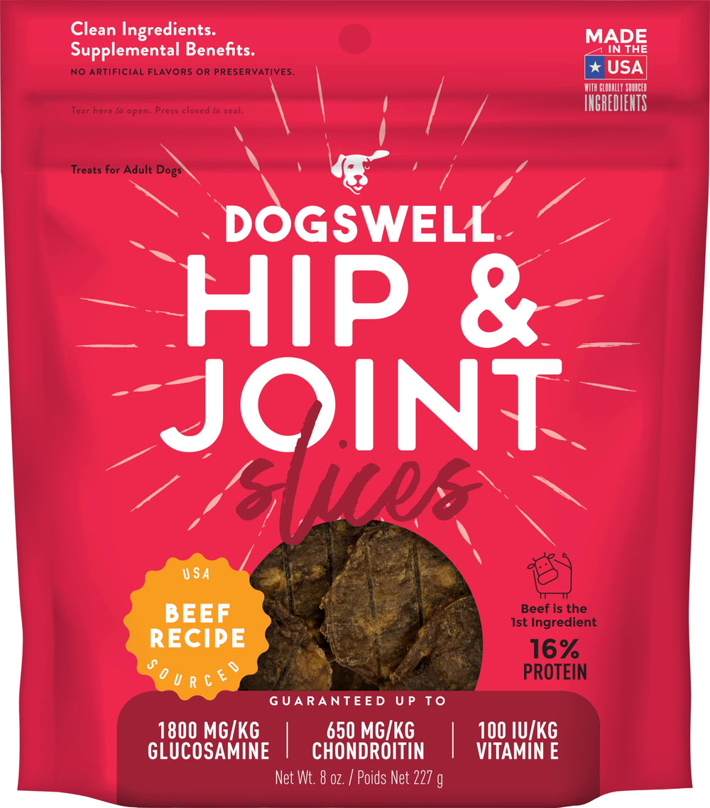 Dogswell tranches hanches: friandise au boeuf de qualité soutenant les articulations.