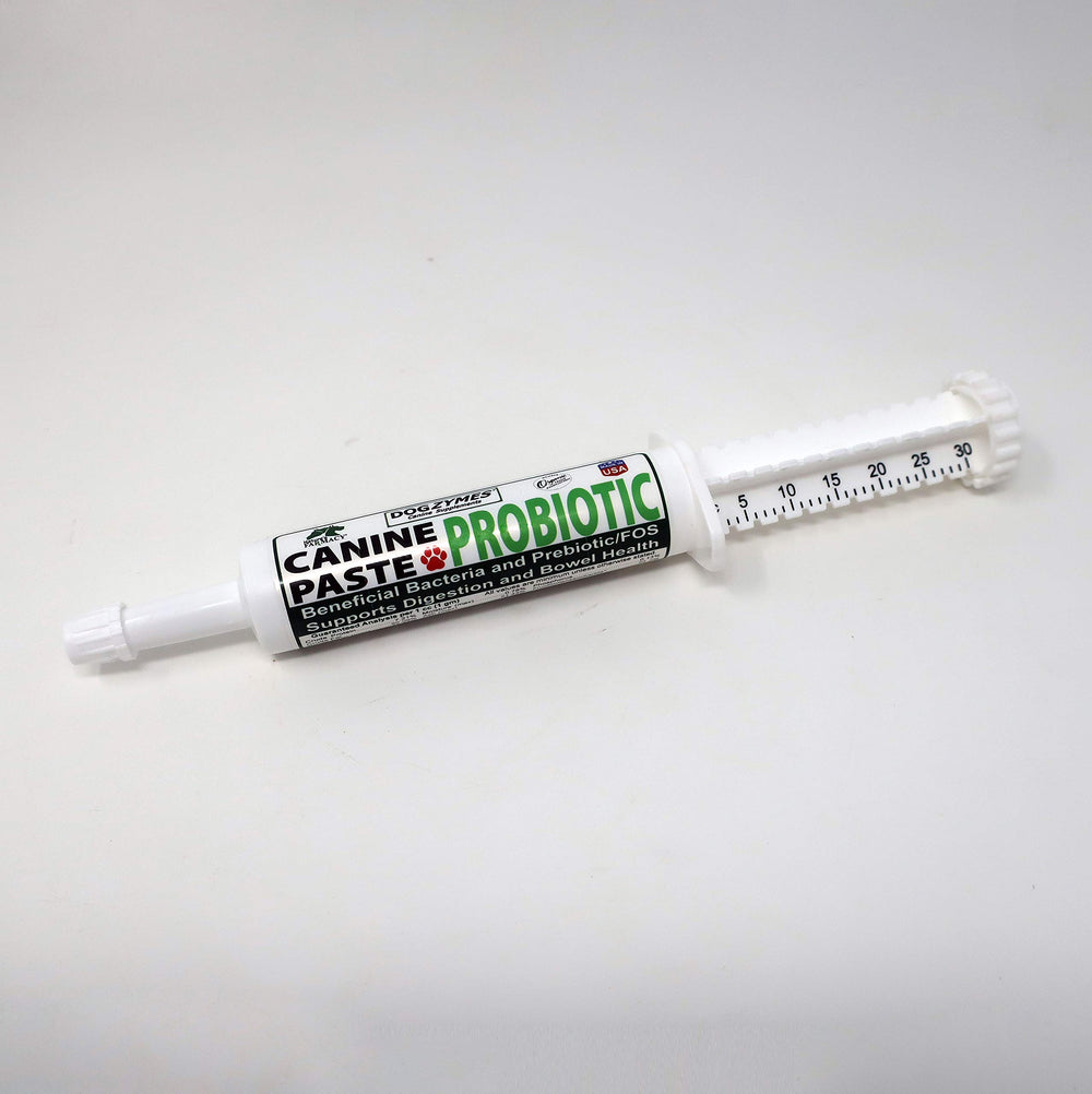 Dogzymes Canine Probiotic Paste, flacon pratique, soutien digestif potentiel.