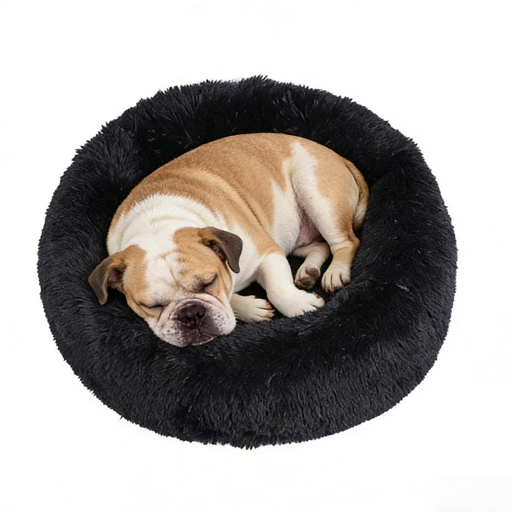 Lit donut Doimier noir, vue d'ensemble, confort enveloppant pour chien et chat