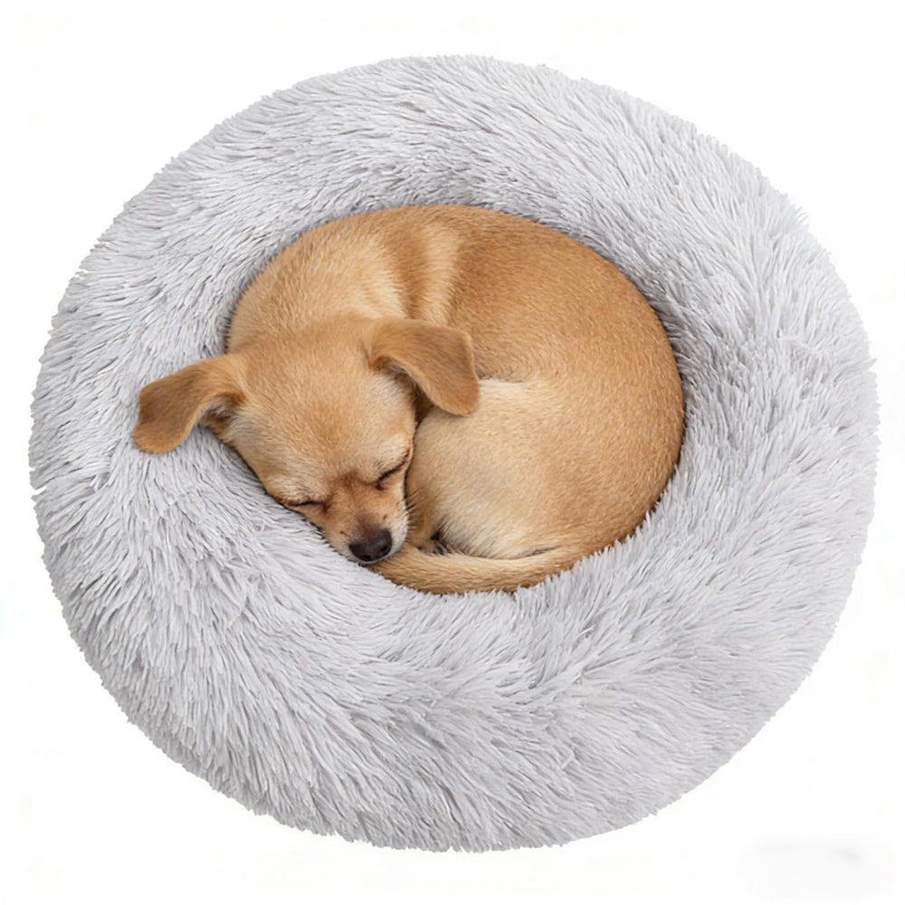 Lit rond calmant Doimier gris clair, soutien du cou et sommeil plus profond.