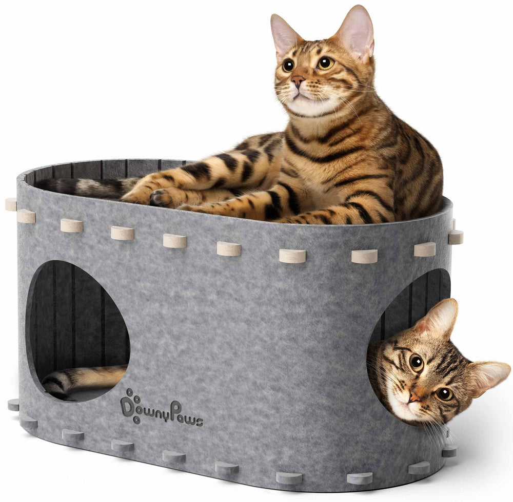 DownyPaws PeekaPurr cave double-niveaux, repos et jeu pour chats.