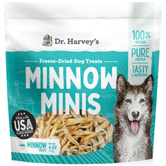 Dr. Harvey's Minnow Minis emballage et friandises au poisson lyophilisé pour l'entraînement.