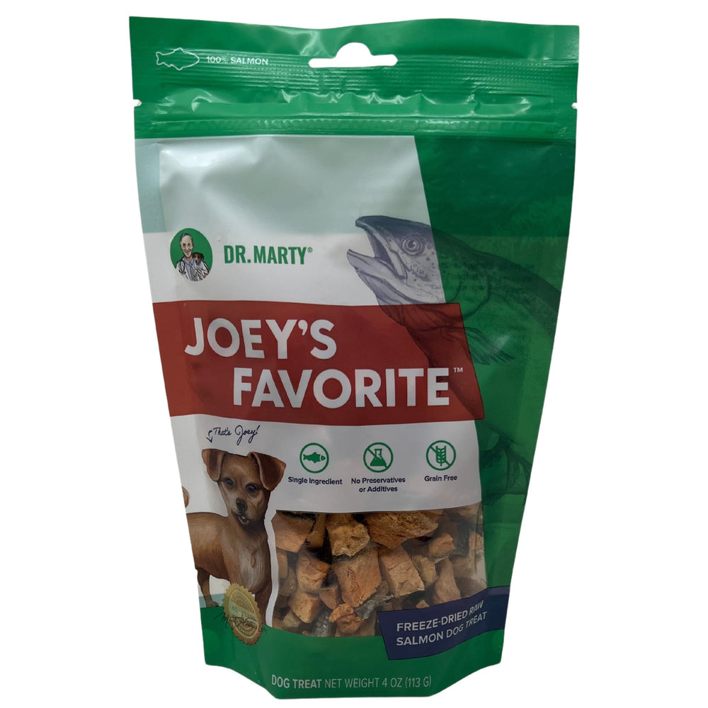 Friandise saumon Dr. Marty Joey préféré, emballage visible pour récompense quotidienne.