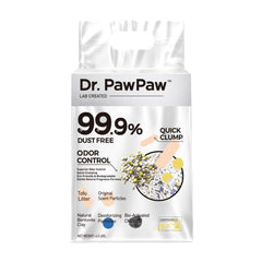 Dr. PawPaw Tofu Litière, sachet 4-5 lb, odeur naturelle pour une pièce fraîche.