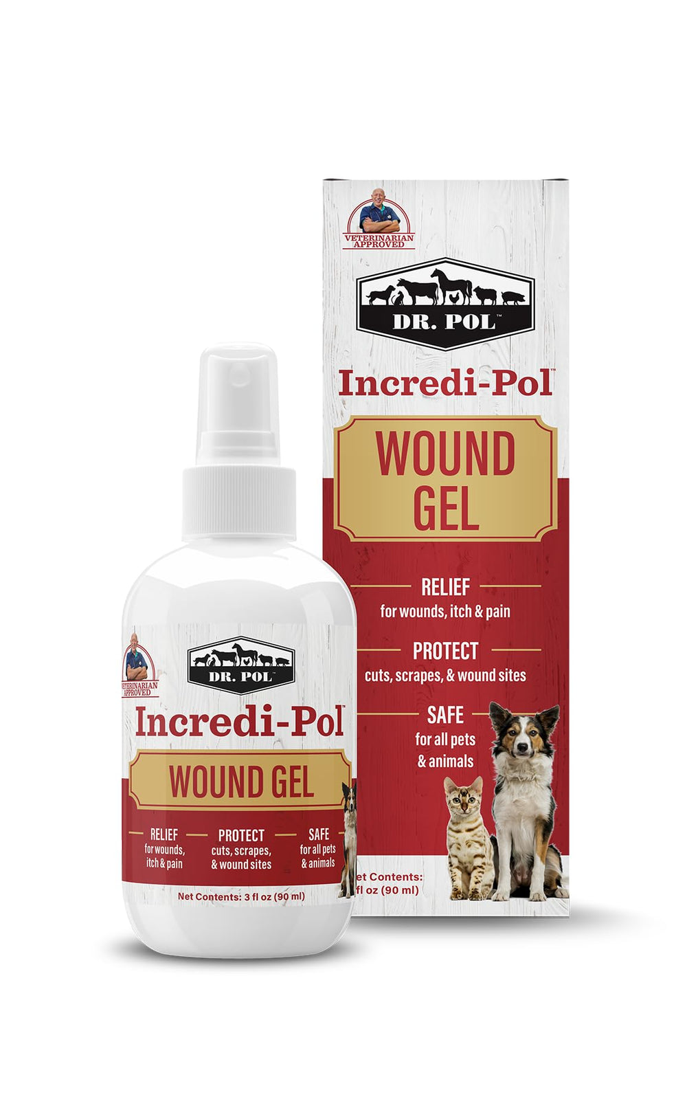 Dr. Pol Incredi-Pol Gel plaie spray-bouteille offre une protection ciblée pour vos animaux.
