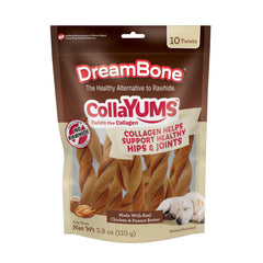 DreamBottle CollaYUMS Twists Plus friandise torsadée au poulet, croquante et agréable pour chiens.