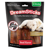 DreamBone DreamSticks emballage clair, option sans cuir pour chiens actifs.
