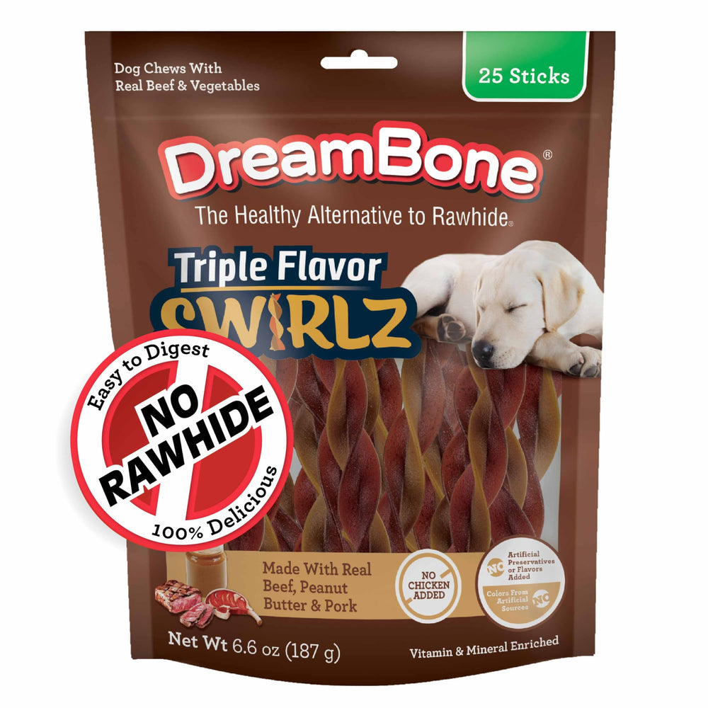 DreamBone Triple Flavor Swirlz sans poulet — emballage attrayant et friandises faciles à digérer.