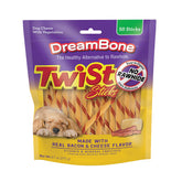 DreamBone Twist Sticks bacon-fromage emballage: friandise sans os prête à donner.