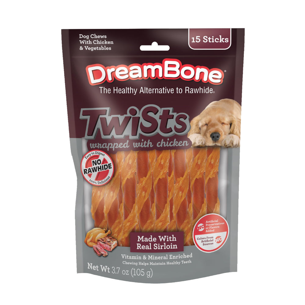 DreamBone Twists poulet-wrap sirloin, extérieur en poulet croustillant et riche en protéines.
